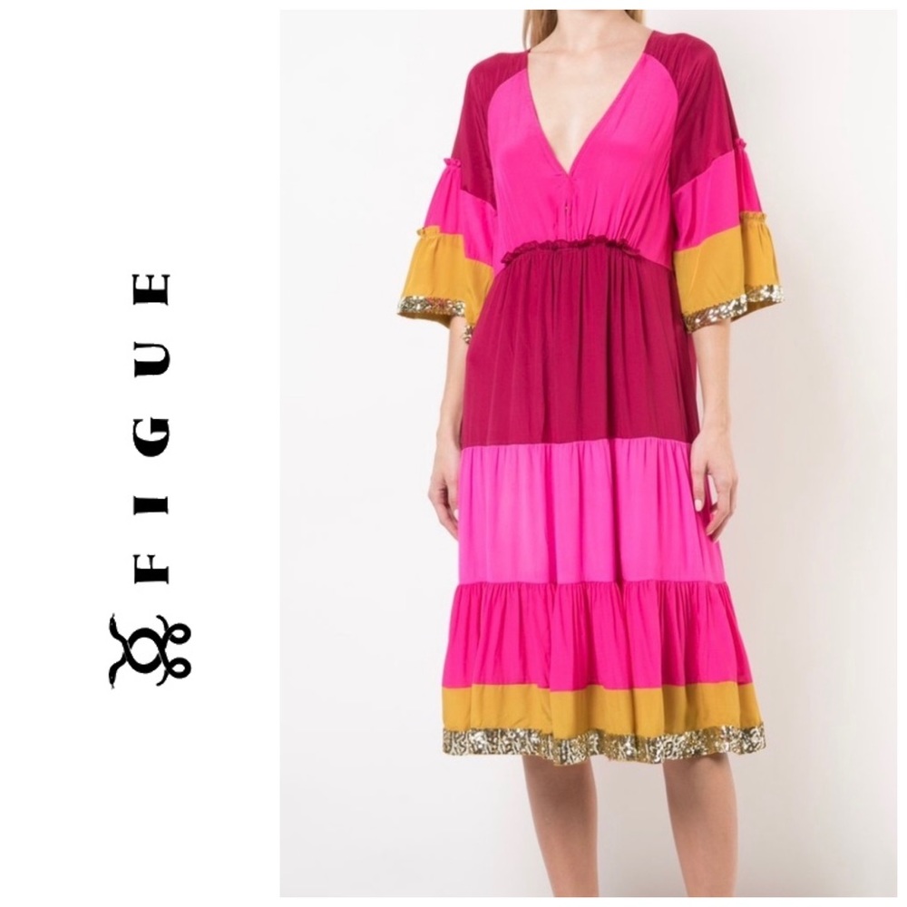 NWT Figue  Silk Crepe Colorblock Gold Sequin  Trim Midi Dress Bohemian Gypsy - Picture 4 of 16